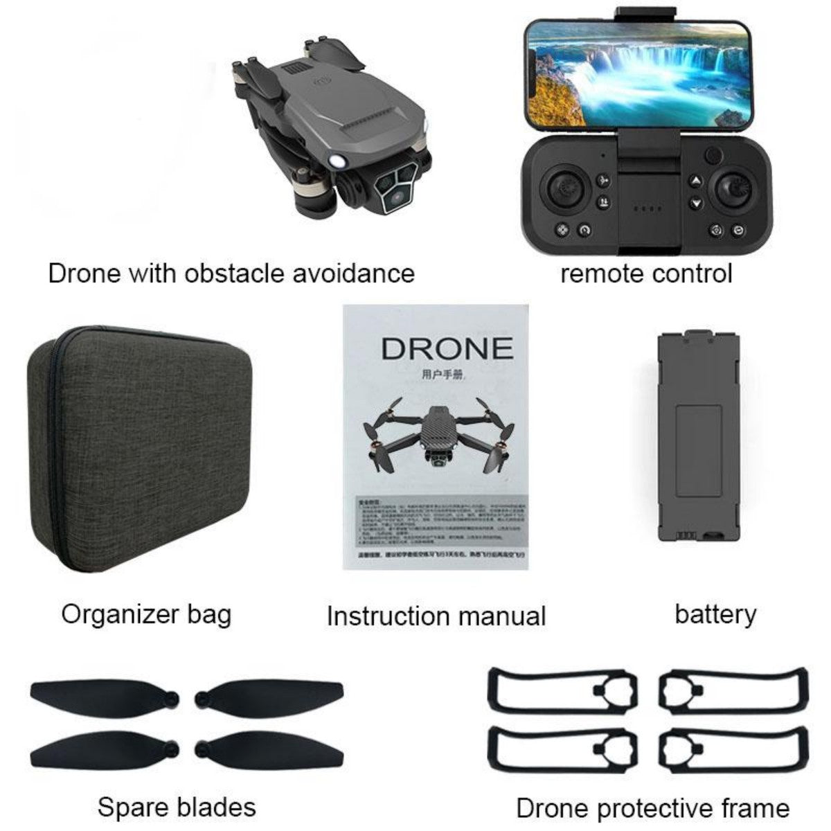 WBRC U2 Pros Portable HD Camera Drone full kit with remote control, battery, spare blades, protective frame, and organizer bag from HugmieToys.